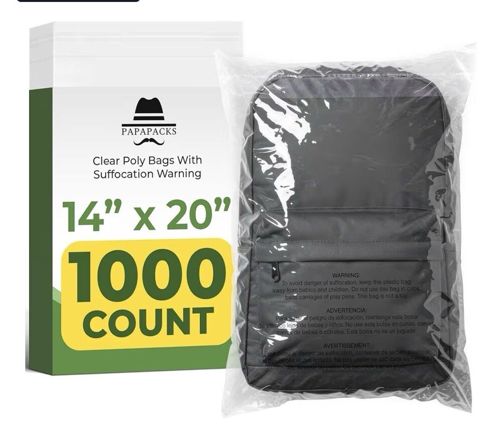 PAPAPACKS 14 x 20 Clear Poly Bags with Suffocation Warning 1000 Count